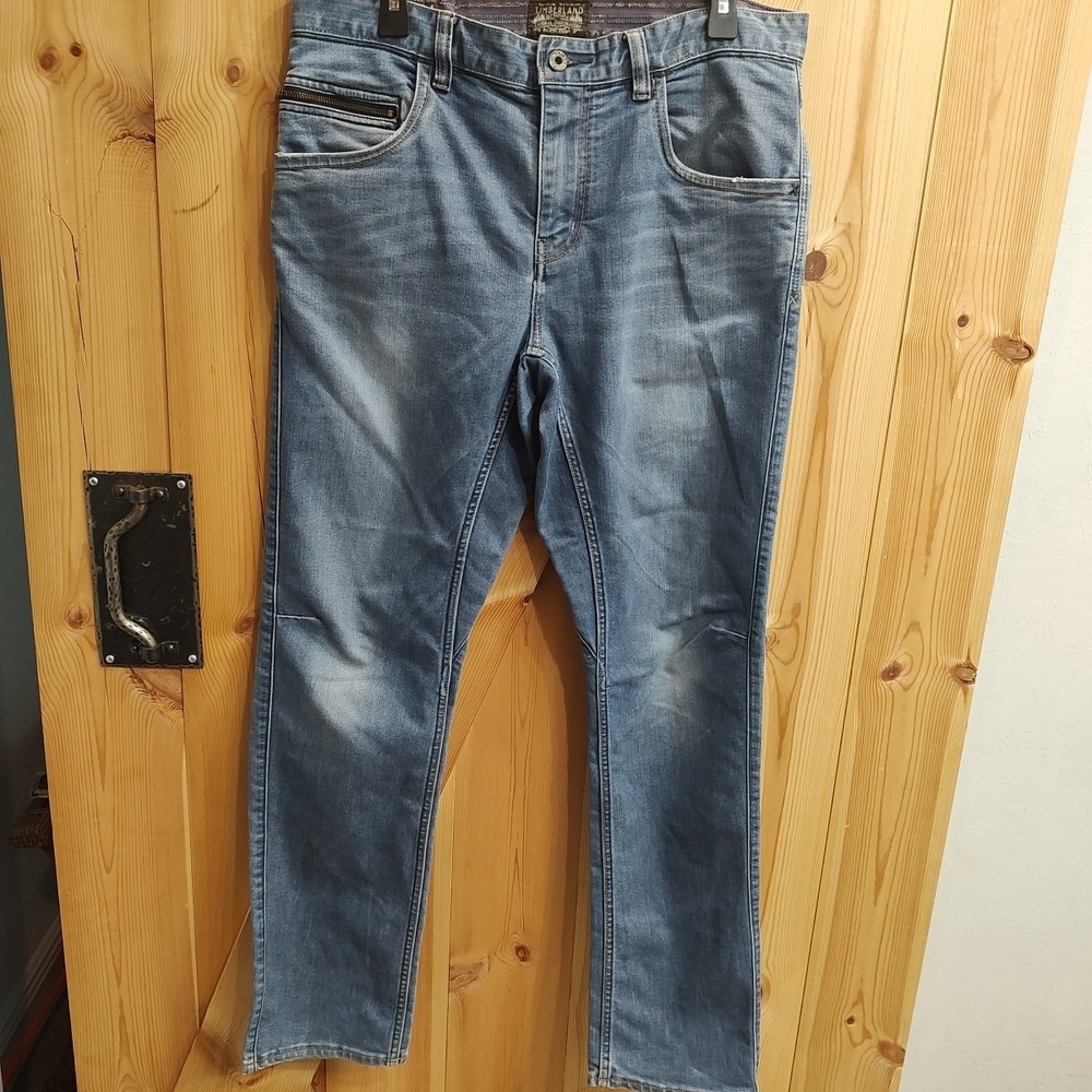 Timberland Jeans Mens 34 Blue Denim Zip Pocket 34X32 Y2K Whiskers Cordura Brand